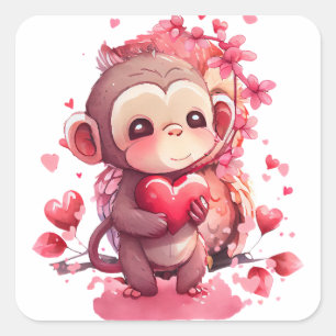 Sticker Carré Singe du coeur mignon Valentine