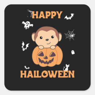 Sticker Carré Singe En Citrouille Mignons Singes Joyeux Hallowee