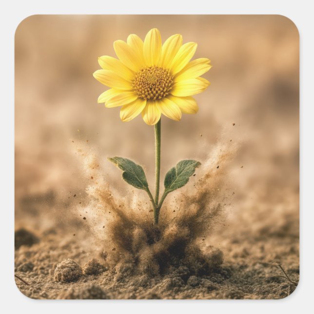 Sticker Carré Single Yellow Daisy Bursting Out of Dirt (Devant)