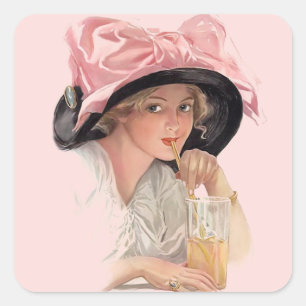 Sticker Carré Sipping Soda Girl in Casquette