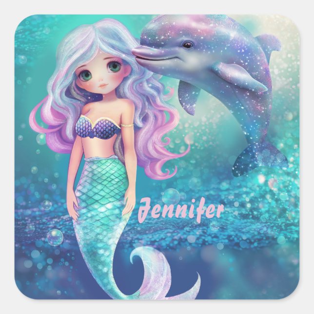 Sticker Carré Sirène et dauphin sous-marins (Devant)