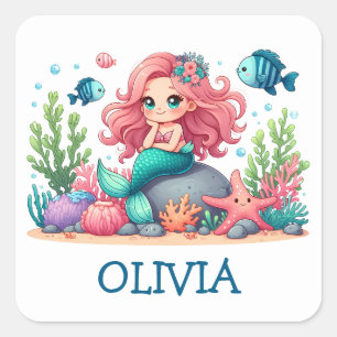 Sticker Carré Sirène et Poisson Mignons et Fantaisistes Personna