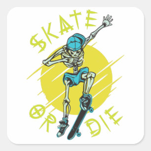 Sticker Carré Skate ou die Skeleton Skateboarder