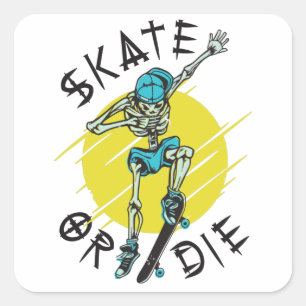 Sticker Carré Skate ou die Skeleton Skateboarder