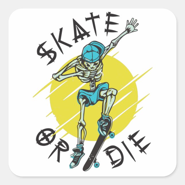 Sticker Carré Skate ou die Skeleton Skateboarder (Devant)