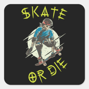 Sticker Carré Skate ou die Skeleton Skateboarder