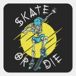 Sticker Carré Skate ou die Skeleton Skateboarder