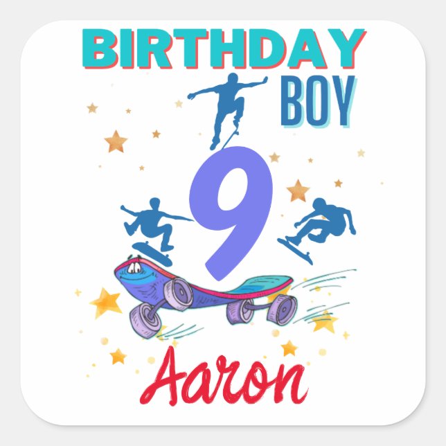 Sticker Carré Skateboard Birthday Boy Party Coloré (Devant)