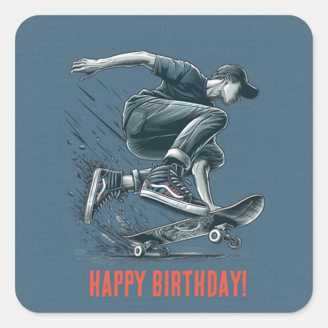 Sticker Carré Skateboarder bleu Burnt Orange Joyeux Birthday Boy (Devant)