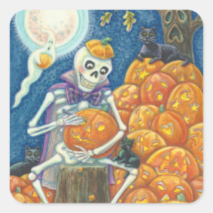 STICKER CARRÉ SKELETON, CHATS NOIRS CARVANT DES JACKS, BILLETS