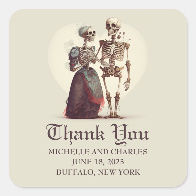 Sticker Carré Skeleton Couple Mariage Merci (Devant)