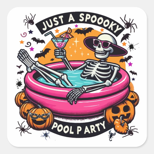 Sticker Carré Skeleton éffrayant Halloween Pool Party Design! (Devant)