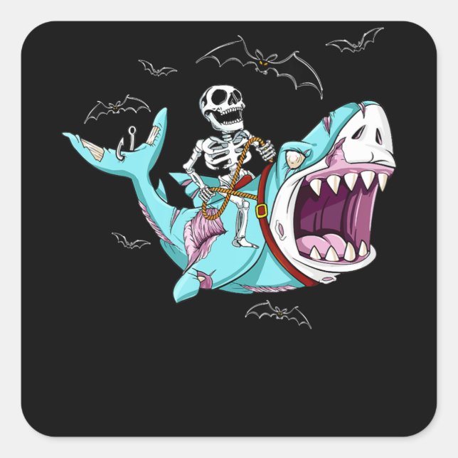 Sticker Carré Skeleton équitation Zombie Shark Funny Halloween c (Devant)
