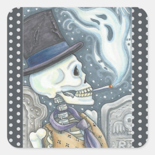 Sticker Carré SKELETON FUMEUR, Carré DE LA FEUILLE D'ÉTIQUETTES