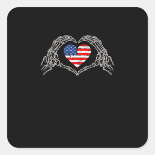 Sticker Carré Skeleton Hand Heart 4e Du Drapeau Américain Patrio