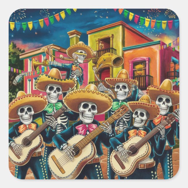 Sticker Carré Skeleton Mariachi Band Día de Los muertos (Devant)