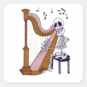 Sticker Carré Skeleton Musicien Skeleton Harpe Lecteur Harpist