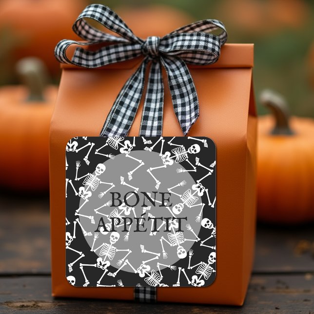 Sticker Carré Skeletons BONE APPÉTIT (Skeletons on black square stickers feature the wording BONE APPÉTIT)