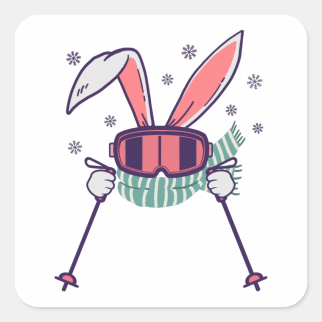 Sticker Carré Ski lapin avec bâtons de ski lunettes de ski et éc (Devant)