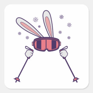 Sticker Carré Ski Rabbit avec bâtons de ski et lunettes de ski