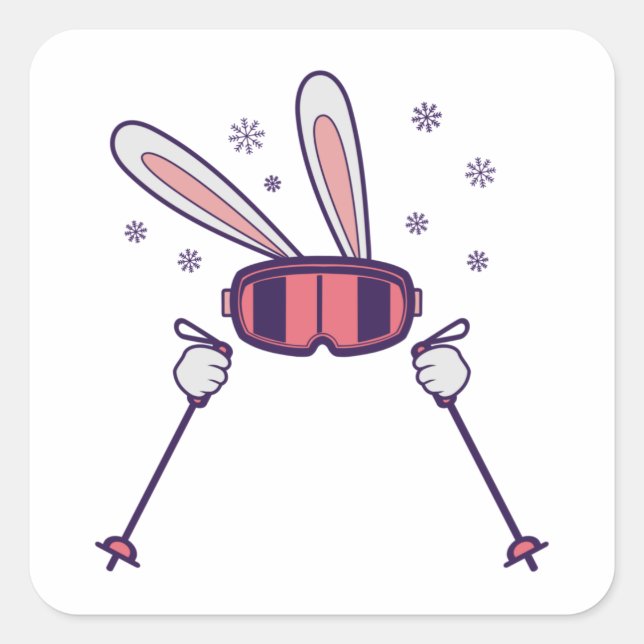 Sticker Carré Ski Rabbit avec bâtons de ski et lunettes de ski (Devant)