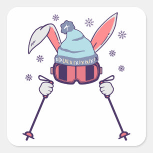 Sticker Carré Ski Rabbit avec bâtons de ski ski lunettes de ski
