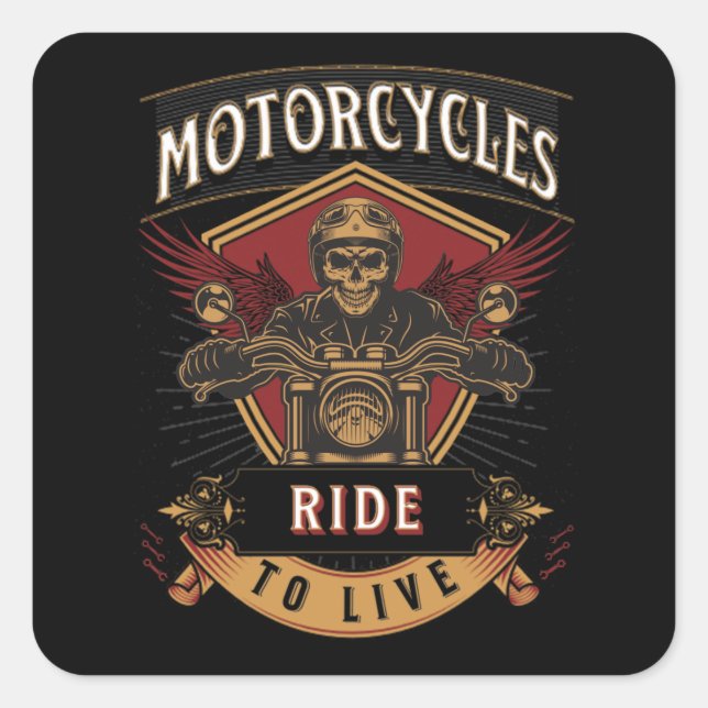 Sticker Carré Skull Ride Cycles moteurs, Ride To Live (Devant)