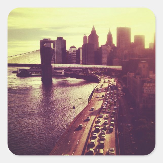 Sticker Carré Skyline Sunset - Brooklyn Bridge et NYC Cityscape (Devant)