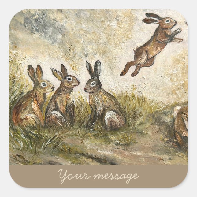 Sticker Carré Skyward Fluff Meadow Hare Whimsical Rabbit Family  (Devant)