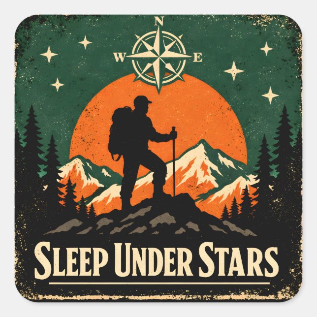 Sticker Carré Sleep Under Stars – Stargazing Camper Nature (Devant)