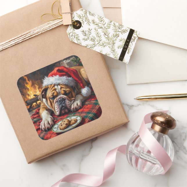 Sticker Carré Sleepy Bulldog Dog Fast Asleep Santa Hat Christmas (Cadeaux)
