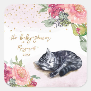 Sticker Carré Sleepy Kitten Illustration Baby shower fille