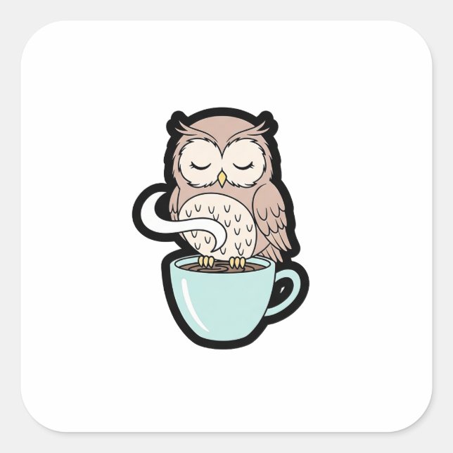 Sticker Carré Sleepy Owl on Coffee – Cute Cozy Illustration (Devant)