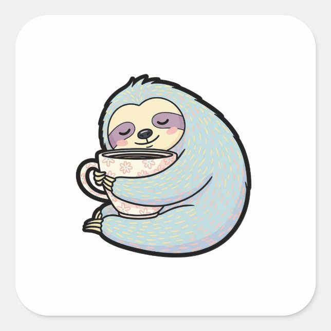 Sticker Carré Sleepy Sloth with Coffee – Cute Cozy Illustration (Devant)