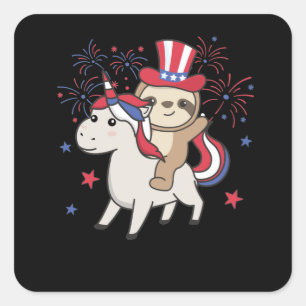 Sticker Carré Sloth Avec Unicorn Pour Le 4 Juillet Feu D'Artific
