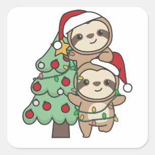 Sticker Carré Sloth Christmas Tree Animaux de Noël Sloths
