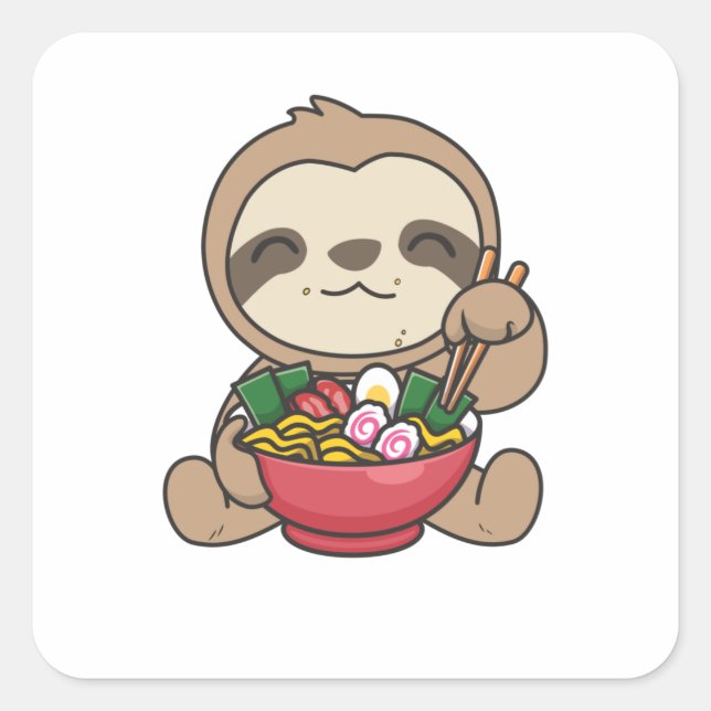 Sticker Carré Sloth Mange Ramen Cute Kawaii Noodle Sloth (Devant)