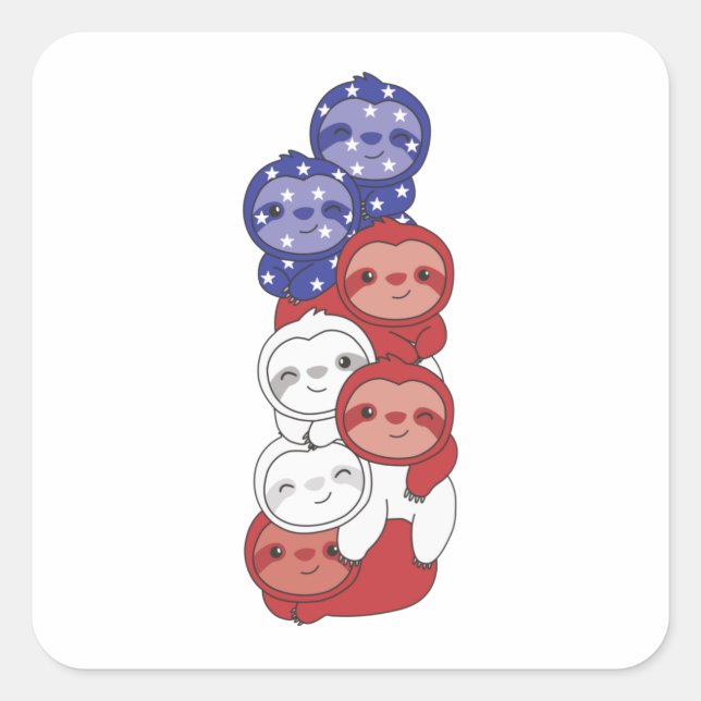 Sticker Carré Sloth Pour Le 4 Juillet Drapeau Américain (Devant)