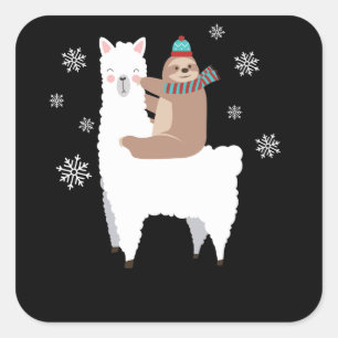 Sticker Carré Sloth Riding Llama Drôle Écharpe de Noël Santa Hat