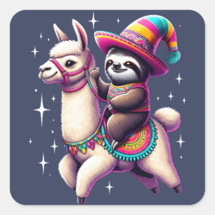 Sticker Carré Sloth Riding Sur Llama Cute Animaux Enfants Garçon