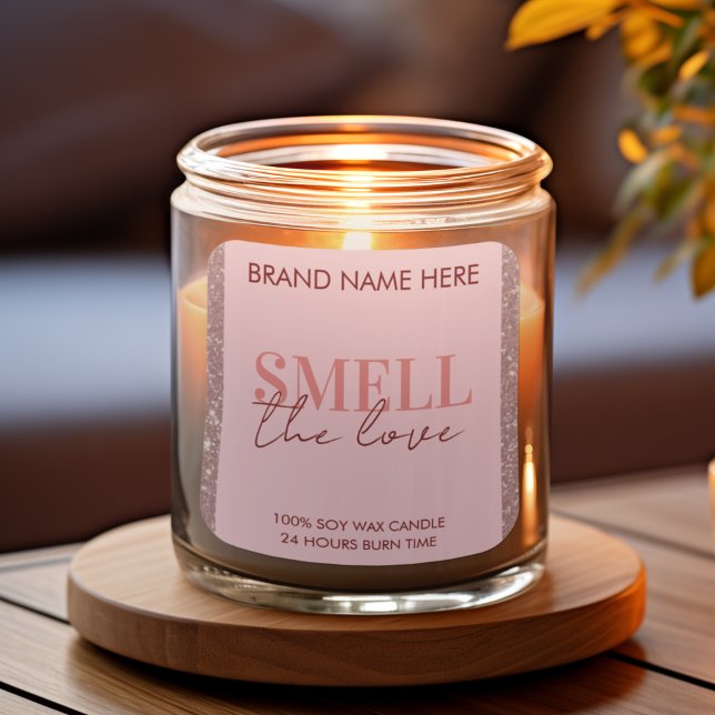 Sticker Carré Smell The Love Custom Pink Glitter Candle Label (Créateur téléchargé)