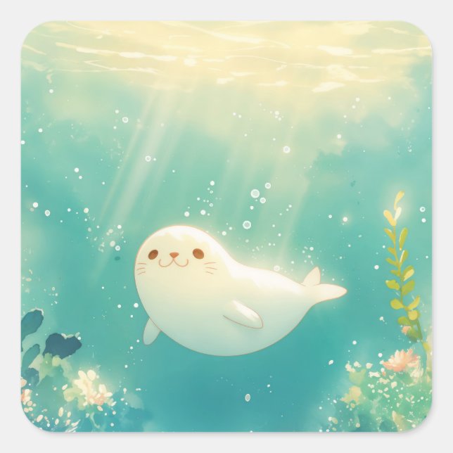 Sticker Carré Smiling Baby Seal in Turquoise Underwater Garden (Devant)