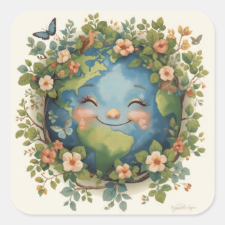 Sticker Carré Smiling Earth Clipart – Planète Heureuse Avec Des