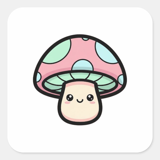 Sticker Carré Smiling Mushroom – Cute Kawaii Illustration (Devant)