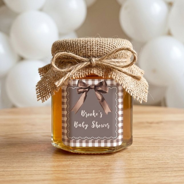 Sticker Carré S'more à aimer Baby Shower marron Gingham Bow  (Créateur téléchargé)