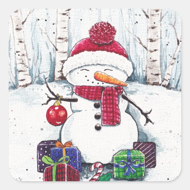 Sticker Carré Snowman Avec Cadeaux En Aquarelle Classique Rond S (Devant)