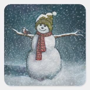 Sticker Carré Snowman Avec Chickadee : Scène Hiver