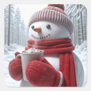 Sticker Carré Snowman Avec Chocolat Chaud