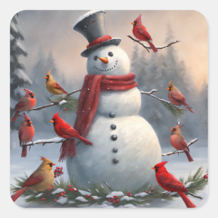 Sticker Carré Snowman avec les cardinaux rouges Snowman