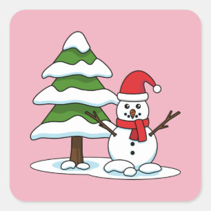 Sticker Carré Snowman avec Snowman Pine Tree